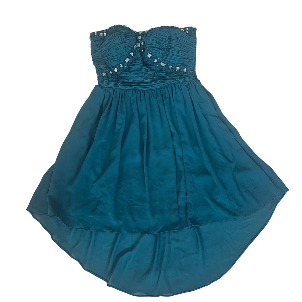 Women's Teal Chiffon Strapless Rhinestone Beaded Bodice High-Low Hem Dress Small - Picture 2 of 10